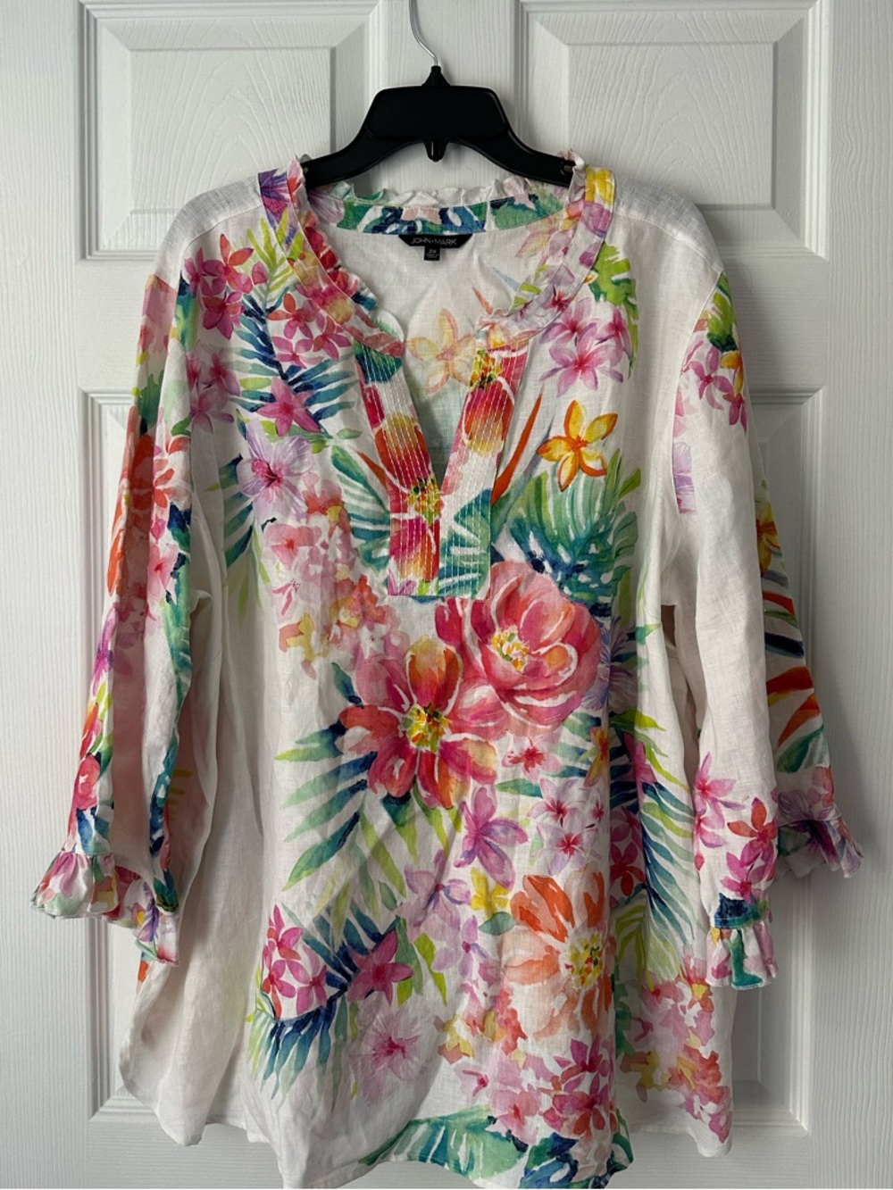 JOHN MARK SPRING FLING BLOUSE 100% LINENN 3/4SLEEVE FLORAL WHITE & MULTI SIZE 2X - Picture 2 of 7